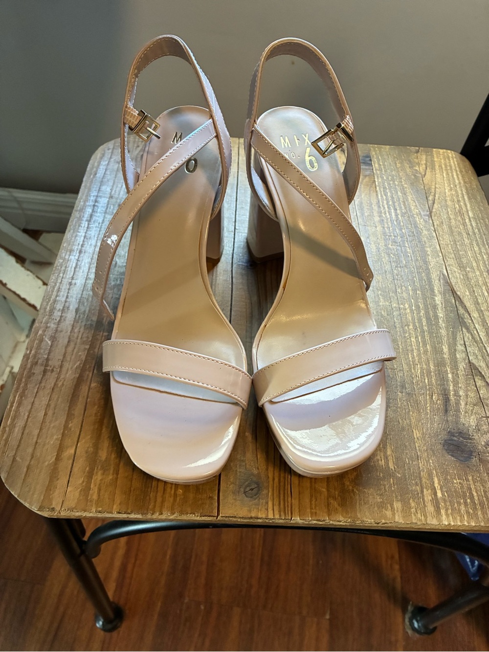 Nude Patent Block Heel Sandals - Women's